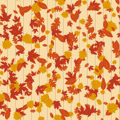 Seamless pattern with autumn leaves on yellow background. Vector.