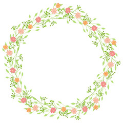 Wreath of wild flowers with leaves. A floral round frame with a place for your text.