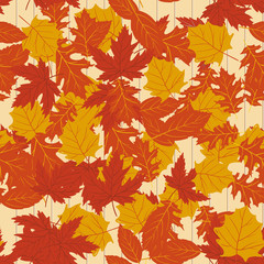 Naklejka na ściany i meble Seamless pattern with autumn leaves on yellow background. Vector.