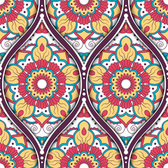 Seamless pattern with ethnic mandala ornament. Hand drawn vector illustration