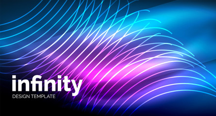Abstract wave on dark background, shiny glowing neon digital background template