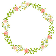 Wreath of wild flowers with leaves. A floral round frame with a place for your text.