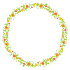 Fototapeta na wymiar Wreath of wild flowers with leaves. A floral round frame with a place for your text.