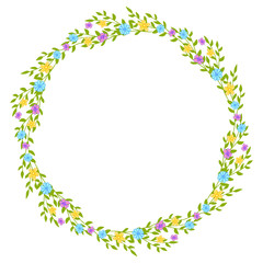 Fototapeta premium Wreath of wild flowers with leaves. A floral round frame with a place for your text.