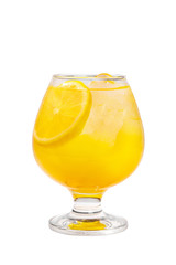 Single-colored cocktail, yellow refreshing in low plump glass with ice cubes and a round slice of orange, lemon with the taste of pineapple, melon, peach, apricot. Side view Isolated white background