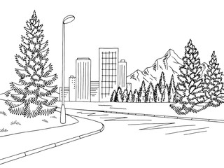 Street road graphic black white city mountain landscape sketch illustration vector