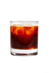 Single-colored transparent cocktail, brown, red refreshing carbonated with foam in a low glass with ice cubes and cola taste. Side view. Isolated white background. Drink for the menu