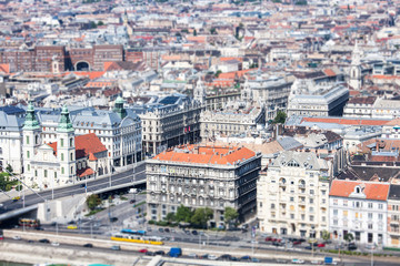 Tilt-shift view of old city skyline, Budapest, Hungary