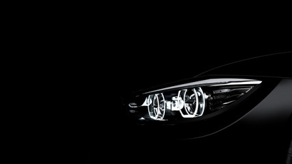 headlights of black sports car on black background, photorealistic 3d render, generic design, non-branded
