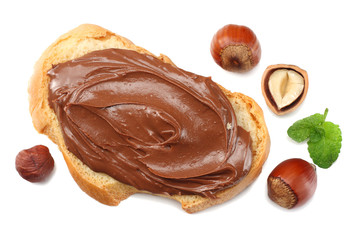 Slice of bread with chocolate cream with hazelnut isolated on white background. top view
