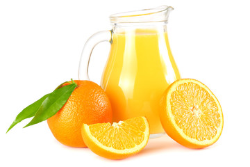 orange juice with orange and green leaf isolated on white background. juice in jug