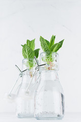 Fresh spring background - green mint twigs closeup in bottles on white soft wood board.  Modern white summer home decor.