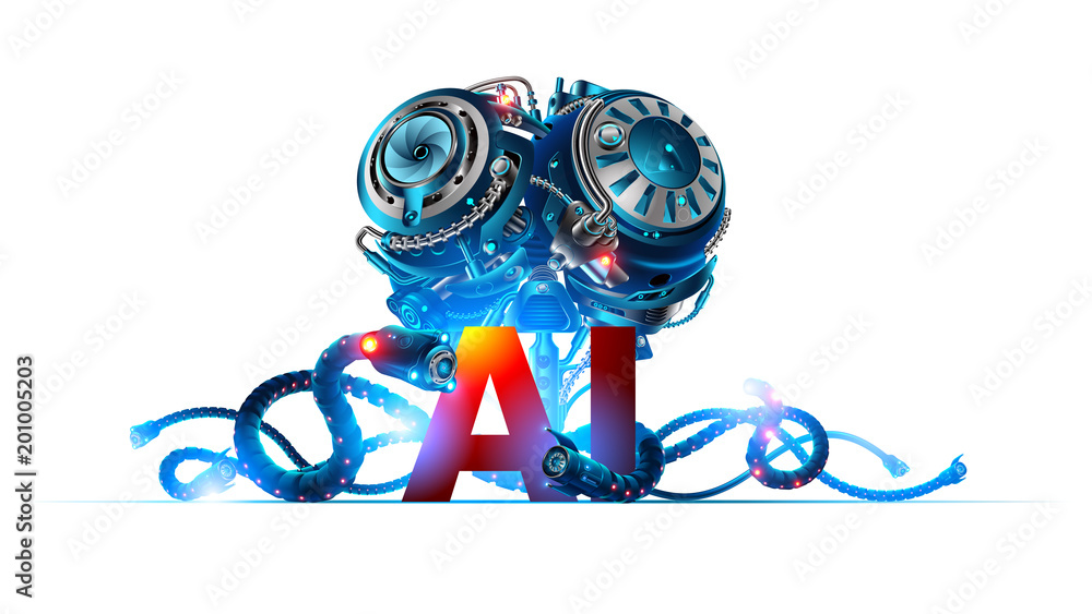 Poster Banner about artificial intelligence or robotics brain with letters ai. Machine learning technology. Future concept background