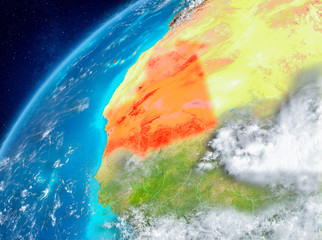 Space view of Mauritania in red