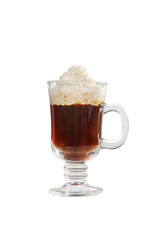 Single-color transparent cocktail, coffee, tea in a high glass with a handle with whipped cream. Side view. Isolated white background. Drink for the menu restaurant, bar, cafe