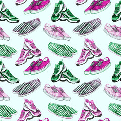 Pair of colorful modern trainers, striped espadrilles and sneakers, hand painted watercolor illustration, seamless pattern on soft green background