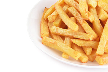 Plate with french fries isolated on white background.