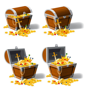 Set old pirate chests full of treasures, gold coins, ingots, jewelry, crown, dagger, vector, cartoon style, illustration, isolated. For games, advertising applications