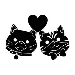 cute cats mascots head with hearts characters vector illustration design
