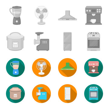 Multivarka, refrigerator, meat grinder, gas stove.Household set collection icons in monochrome,flat style vector symbol stock illustration web.