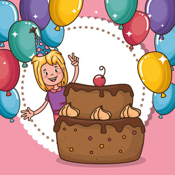 happy birthday card with little girl vector illustration design