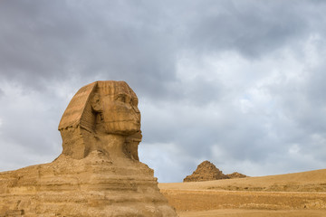 Fototapeta na wymiar Great Sphinx profile wih pyramids on background in Giza, Egypt