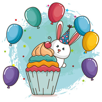 happy birthday card with cute bunny vector illustration design