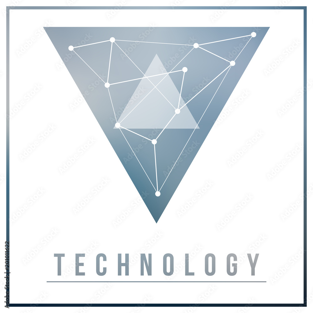 Poster blue technology abstract logo design with triangle and network elements.