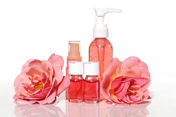 Rose extract. Cosmetics  with rose extract.Serum in glass ampoules, tonic and gel for face skin,...