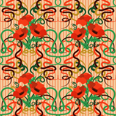 Seamless poppy wallpaper in art nouveau style, vector illustration