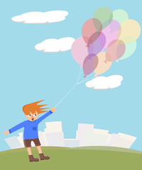 boy trying to hold a pile of balloons vector cartoon