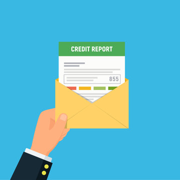 Credit report document mailing concept. Close-up of person hand holding mail envelope with personal credit score information. Vector illustration in flat style.