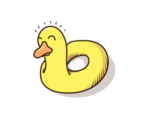 Yellow inflatable duck ring isolated on white. Vector hand drawn doodle illustration. Kid playful buoy icon