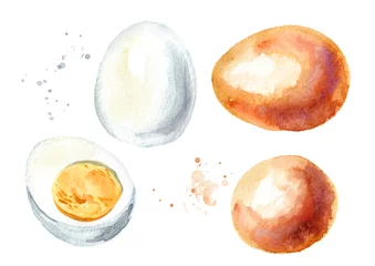 Schilderijen op glas Boiled eggs set. Watercolor hand drawn illustration, isolated on white background © dariaustiugova