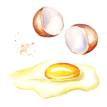Broken egg. Watercolor hand drawn  isolated on white background illustration