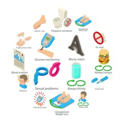 Diabetes disease icons set. Isometric illustration of 16 caveman vector icons for web