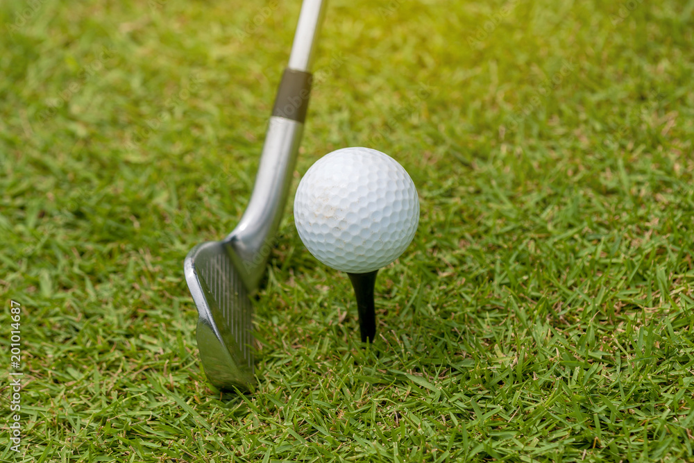 Wall mural Close Up of Golf club and golf ball on green grass ready to hit.