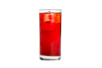 Single-colored transparent cocktail, refreshing in a high glass with ice cubes with taste of berries, cherries, strawberries, grapefruit. Side view Isolated white background. Drink for the menu
