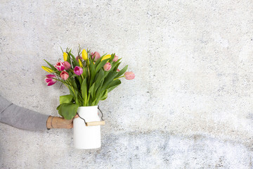 white Flower vase with colorful tulips