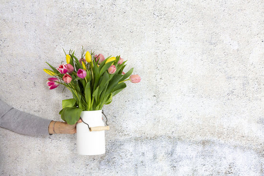white Flower vase with colorful tulips