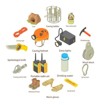Speleologist icons set. Isometric illustration of 16 speleologist vector icons for web