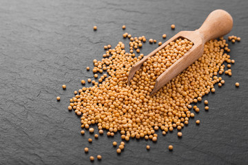 fresh grains of mustard on a rustic background