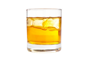 A single-colored transparent cocktail, refreshing in a low glass with radiant ice cubes with a taste of melon, pineapple, pear, apple, fruit. Side view Isolated white background