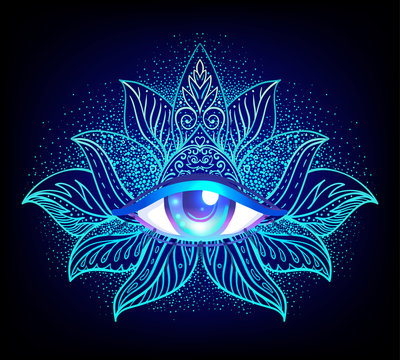 Sacred geometry symbol with all seeing eye over in acid colors. Mystic, alchemy, occult concept. Design for indie music cover, t-shirt print, psychedelic poster, flyer.