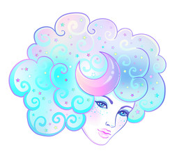 Girl with white hair, head in the clouds with moon and stars. Concept of inner reality, mental health, imagination, thinking, dreaming. Female portrait of  goddess. Isolated  illustration.