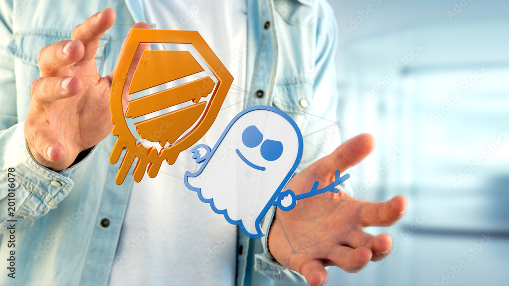 Poster businessman holding a meltdown and spectre processor attack with network connection - 3d render