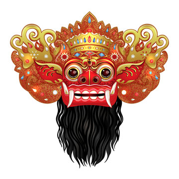 Barong. Traditional ritual Balinese mask. Vector color illustration in red, gold and black isolated. Hindu ethnic symbol, tattoo art, yoga, Bali spiritual design for t-shirt, textile.