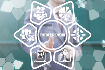 Business Team Office Worker Entrepreneur Concept. Entrepreneurship Success Development Strategy. Businessman clicks on a entrepreneur word surrounded by specific icons.