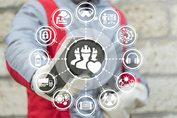 Work and Health Safety First Equipment Manufacturing concept. Worker clicks on a group workers with heart icon surrounded by specific icons.