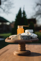 cheese plate. different cheeses on a wooden plate